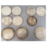 10 U.S. silver coins- 2 Morgan silver dollars,