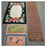 4 vintage rugs/ mats etc: hooked, 2 Chinese,