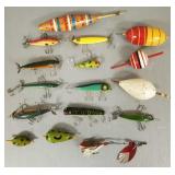 9 vintage fishing lures & 5 bobbers incl