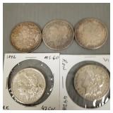 5 U.S. Morgan silver dollars: 1889-S, 1887,