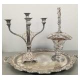 3 Lg ornate silverplate items: 30" handled tray