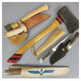6 knives & axes incl German, USA, etc- 19" axe