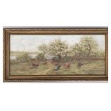 Antique oil on canvas: cows in pasture- framed