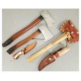 5 items by Marbles: 2 knives w/ sheathes & 3 axes-