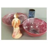 4 pcs art pottery & glass: W. German vase (chips),