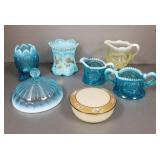 7 pcs antique Northwood, etc glass: blue opal,