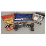 Group: flute in case, mini binoculars, vintage