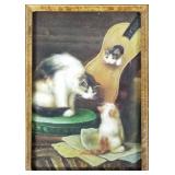 Antique style oil on board: cat w/ kittens- framed