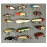 15 vintage fishing lures: side hooks, etc