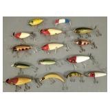 15 vintage fishing lures: side hooks, etc
