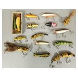 15 vintage fishing lures incl side hook, etc