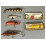 6 Lg vintage fishing lures: 2 w/ boxes,