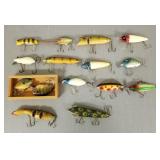 15 vintage fishing lures incl 3 Heddon Punkin