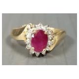 14k gold ring s/w oval ruby & diamonds: 3.2g, sz 7