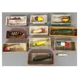 10 vintage fishing lures w/ boxes incl side hook,
