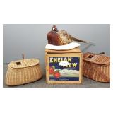 2 fishing creels & a mounted pheasant in a crate