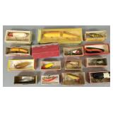 15 vintage fishing lures: Asst makers w/ boxes