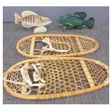 2 carved folk art fish & pair snowshoes