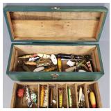 Vintage wood tackle box w/ lures incl Heddon, etc