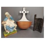 3 religious items incl enamel cast iron holywater