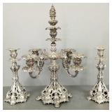 Ornate silverplate candleabra & candle sticks-