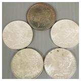 5 U.S. Morgan silver dollars: 1882, 1883, 1886,