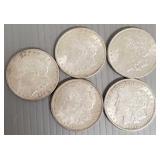 5 U.S. Morgan silver dollars: 1887, 1889, 1889,