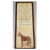 1894 needlework sampler w/ horse- 7" x 19" framed