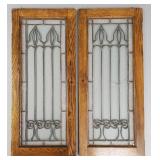 2 antique leaded glass oak cabinet doors-