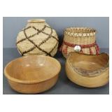 4 artisan woven baskets/ carved wood bowls: