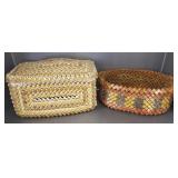 2 folk art cigarette package items: woven basket &