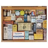 Collection of vintage medicine tins, boxes,