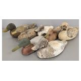 7 vintage decoys: 6 wooden & 1 cork- 14" longest