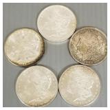 5 U.S. Morgan silver dollars: 1880-S, 1881-S,