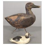 2 wooden decoys: signed 7" & primitive w/ nail