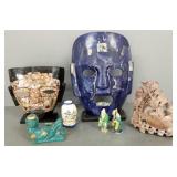 2 inlaid stone masks, carved soapstone vase, etc