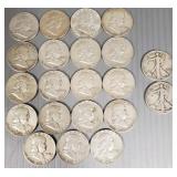 21 U.S. silver half dollars, 19 Franklins, 2