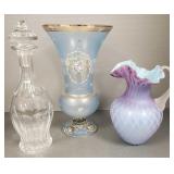 3 pcs glassware incl a satin glass pitcher,