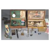 2 wooden boxes w/ small collectibles- watch,