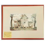 Vintage WPA style watercolor- house w/ children-