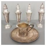 6 sterling items incl 4- 6 1/2" shakers, baby cup