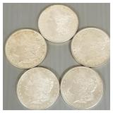5 U.S. Morgan silver dollars: 1878-S, 1881-S,