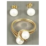 2 pcs gold & pearl jewelry: 14k gold stud