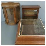 3 tabletop, etc showcases incl oak lift top (1