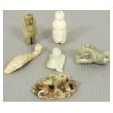 6 jade miniature figures, robe button hook, etc-