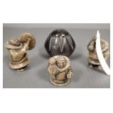 3 carved Inuit stone figures & 1 Pauline Salazar