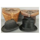 2 antique leather top hat boxes w/ antique top