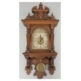 Antique carved oak wall clock w/ fancy metal dial-