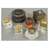7 antique/ vintage inkwells incl carved anthracite