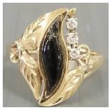 14k gold ring s/w black coral & 3 diamonds- 3.6g,